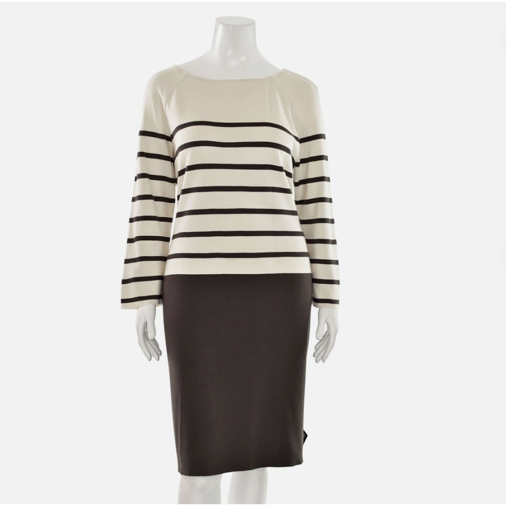 St. John Knits Striped Milano Knit Sheath Dress in Ivory/Taupe